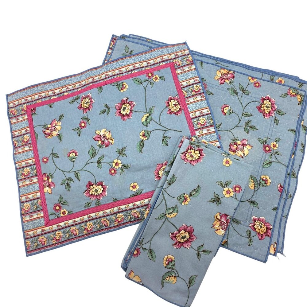 6 Blue Floral Cotton Table Linen Set Quilted Placemats Napkins French Country